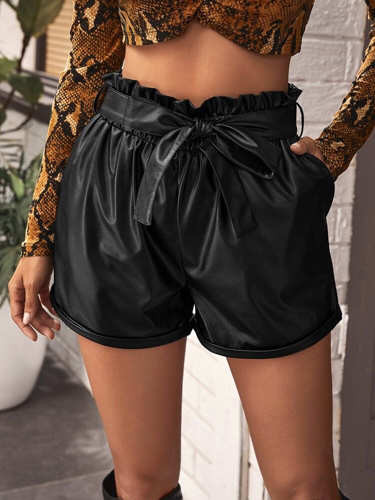 SHEIN Paperbag Waist Belted PU Leather Shorts | SHEIN
