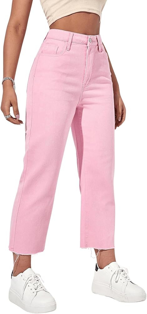 WDIRARA Women's Raw Hem High Waisted Simple Straight Leg Pants Crop Denim Jeans | Amazon (US)