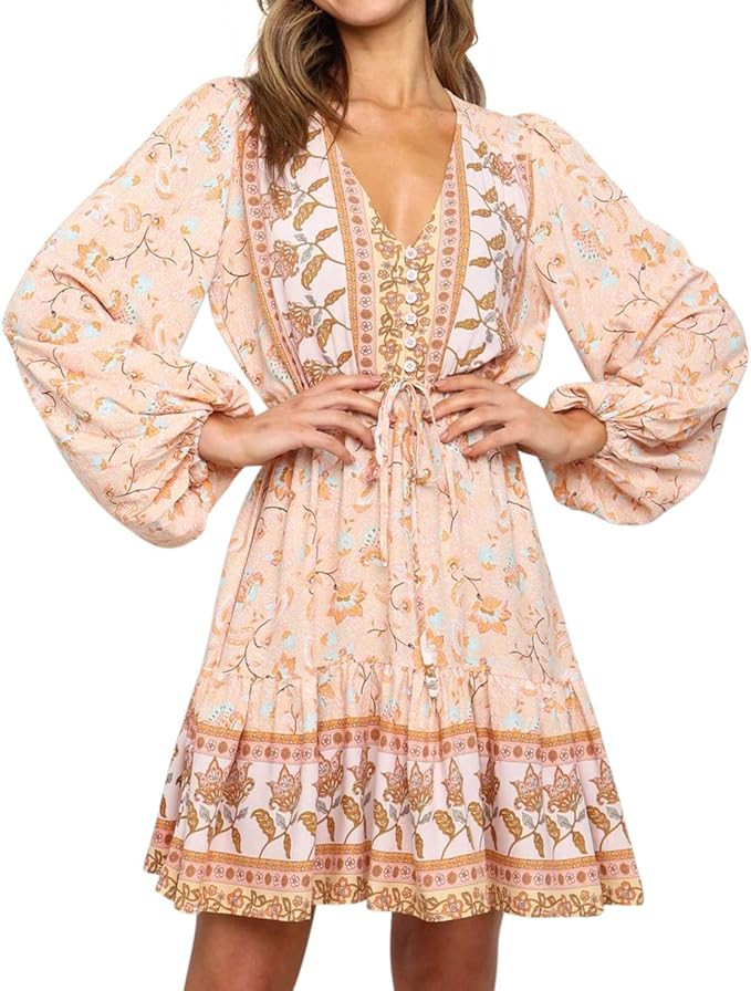 R.Vivimos Women's Cotton Long Sleeves V-Neck Button Up Floral Print Bohemian Flowy Mini Dress | Amazon (US)