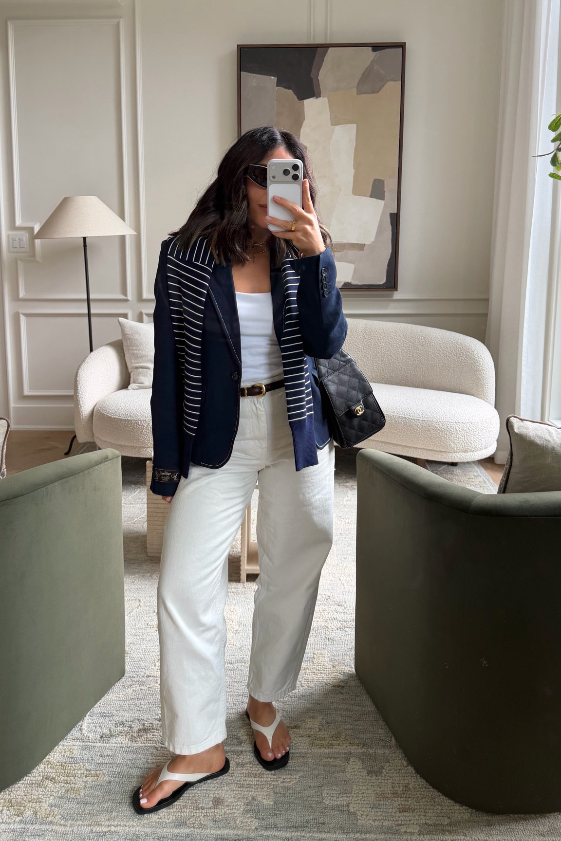 Blazer - size 4 
Cardigan - size small Bangles
Jeans - size 0 
Flip flops - black suede studio “Bae” Sandal and code VANESSAG15 should work! 

#LTKcanada #LTKpetite #LTKstyletip
