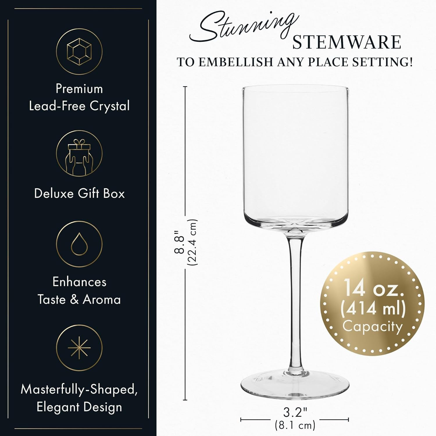 Square Wine Glasses Set of 4 - 14 oz - Crystal Wine Glass Set in Gift Packaging - Large Red Wine ... | Amazon (US)