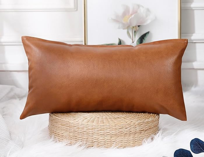 Faux Leather Lumbar Pillow Cover 12 x 22 Inch,Decorative Long Lumbar Pillow Cover for Bed Sofa Co... | Amazon (US)