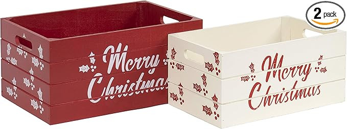 Red Co. Set of 2 Decorative Nesting Wooden Merry Christmas Storage Crate Organizers, Red and Whit... | Amazon (US)