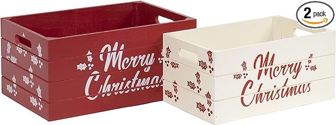 Red Co. Set of 2 Decorative Nesting Wooden Merry Christmas Storage Crate Organizers, Red and Whit... | Amazon (US)