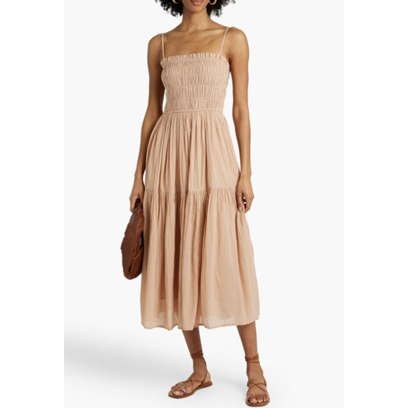 JOIE Lesse Shirred Cotton Gauze Midi Tiered Dress Peasant Blush | Poshmark