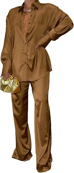 Satin Two Piece Outfits for Women - Silk Long Sleeve Button Down Wide Leg Loungewear Pajama Set F... | Amazon (US)