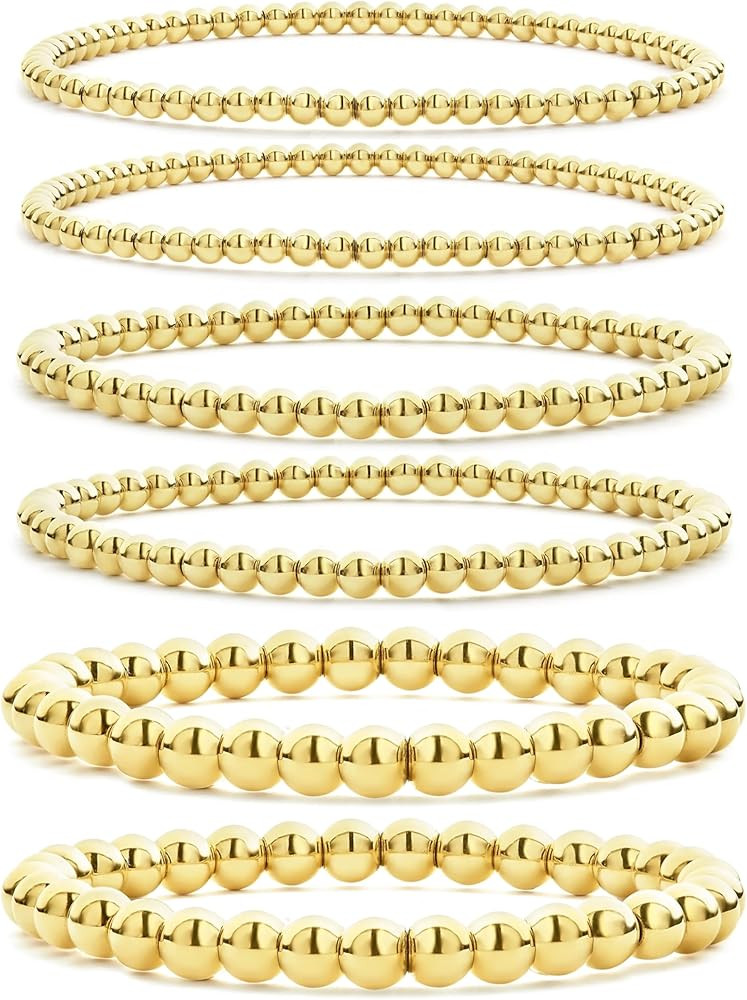CONRAN KREMIX Gold Beaded Bracelet For Women Set 14K Gold Bead Stretch Bracelet Stack Trendy Gold... | Amazon (US)