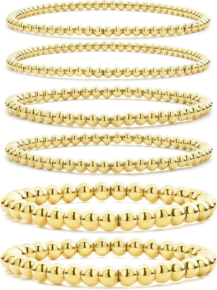 CONRAN KREMIX Gold Beaded Bracelet For Women Set 14K Gold Bead Stretch Bracelet Stack Trendy Gold... | Amazon (US)