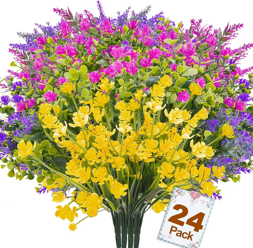 24 Bundles Artificial Flowers for Outdoors, Artificial Plants UV Resistant Fake Flowers Greenery ... | Amazon (US)