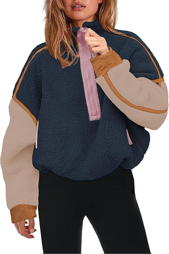 Women's Sherpa Fleece Pullover Half Zip Oversized Sweatshirt with Pockets Soft Warm Fuzzy Jacket ... | Amazon (US)