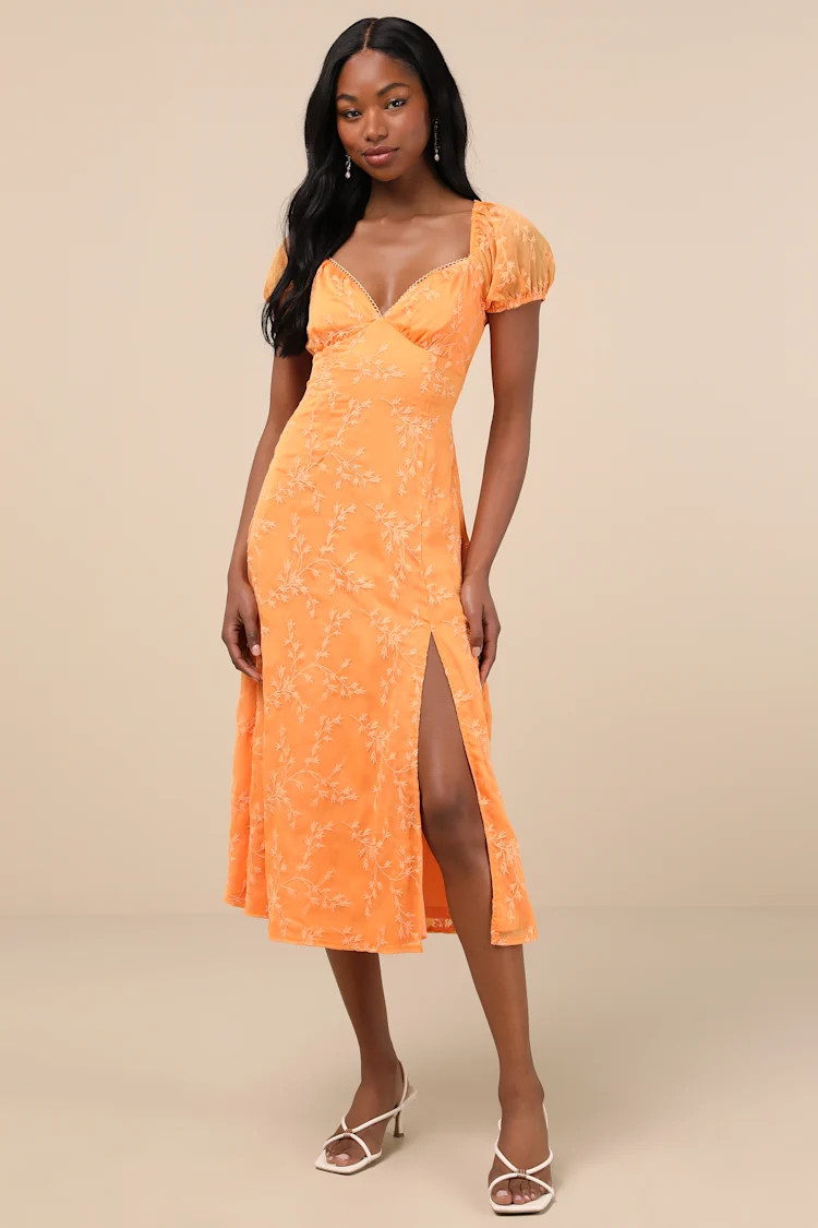 Blossoming with Charm Orange Embroidered Tie-Back Midi Dress | Lulus