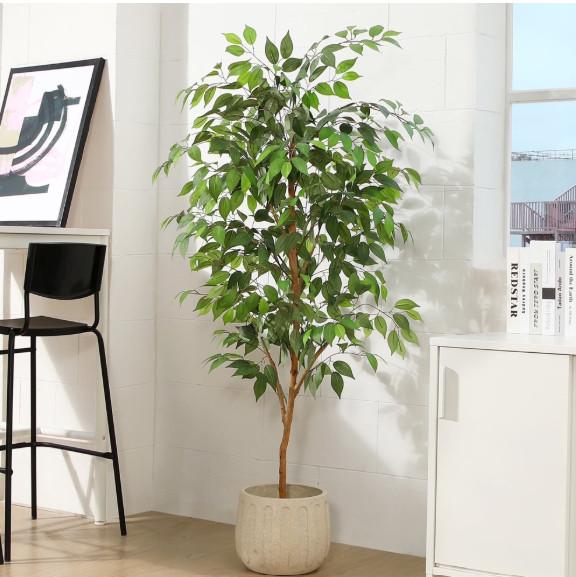 5FT Artificial Ficus Tree with Natural Wood Trunk and Lifelike Leaves, Silk Fake Potted Tree with Wood Branches, Faux Tree for Office Home Decor 

 