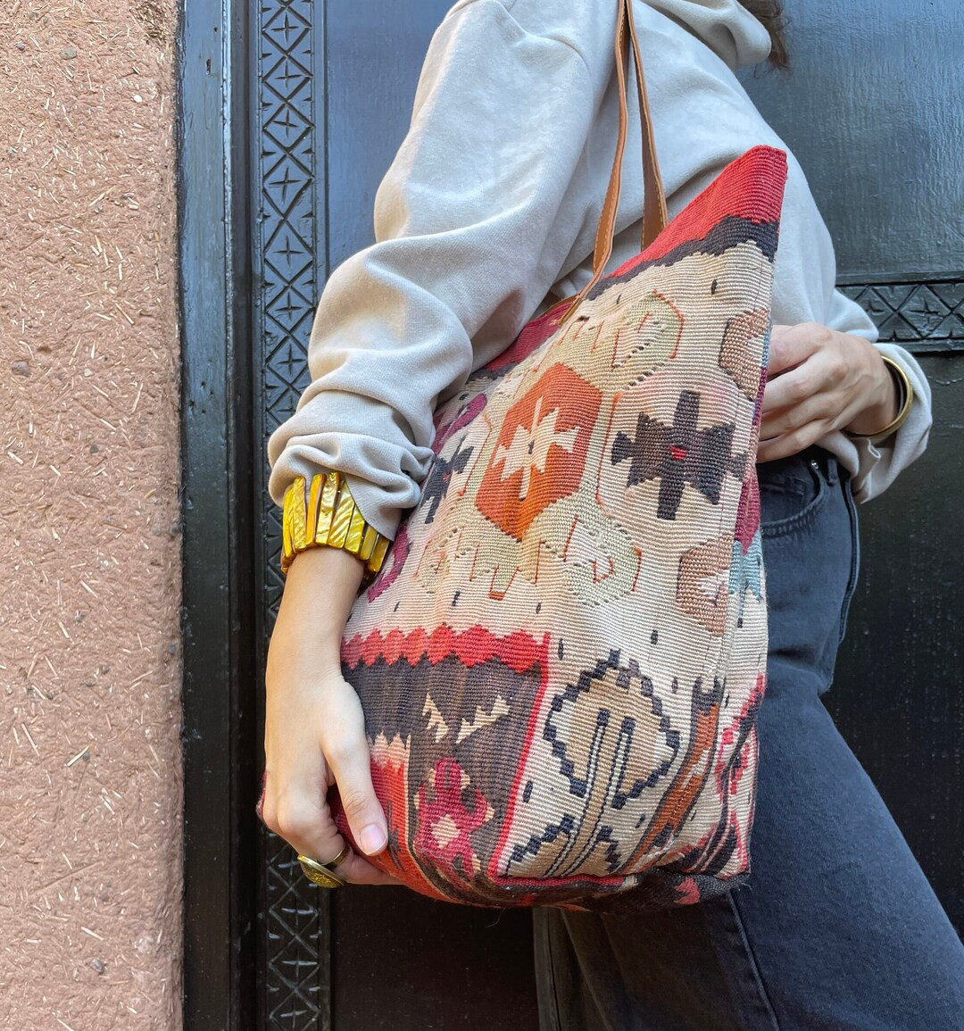 Vintage Bag,kilim Bag, Turkish Kilim Bag,woven Rug Bag,genuine Leather Bag - Etsy UK | Etsy (US)