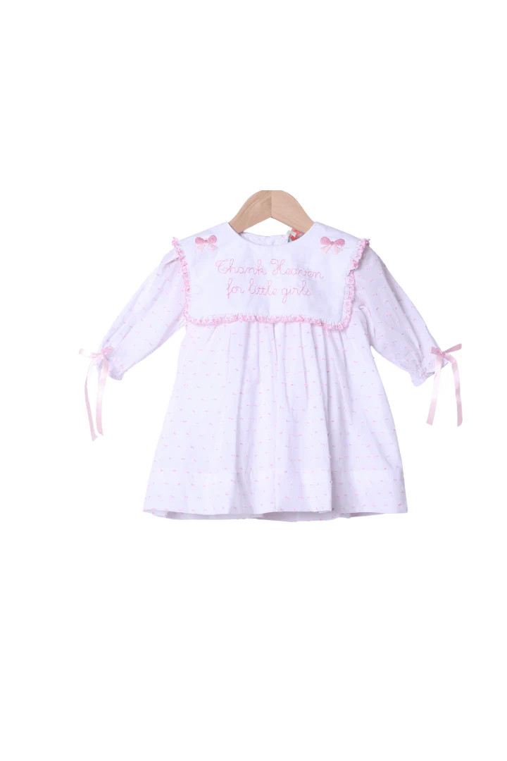 Embroidered Thank Heaven For Little Girls Long Sleeve Dress | The Smocked Flamingo
