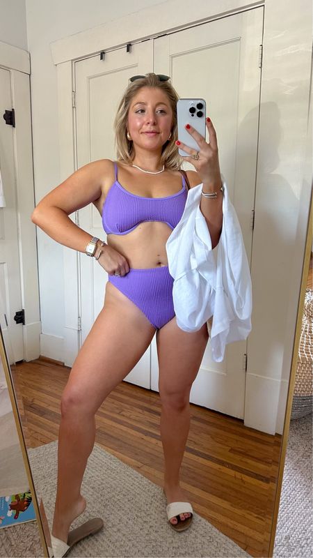 Purple bikini currently 50% off and Under $50!!

Top fits TTS wearing a medium 

Bottoms fit very oversized!! Wearing an xs 

#LTKFindsUnder50 #LTKSwim #LTKSaleAlert