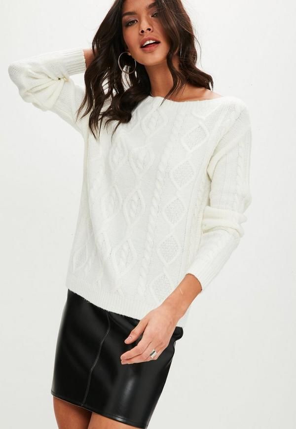 White Neck Cable Sweater | Missguided (US & CA)
