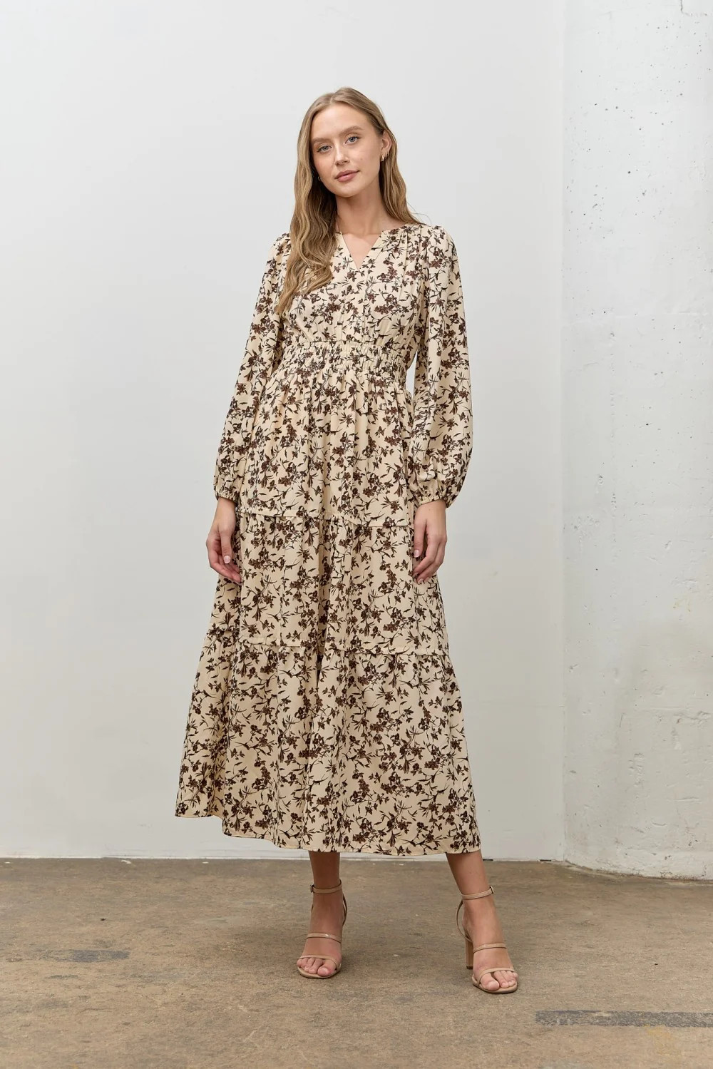 Cream Floral Smocked Waist Long Sleeve Midi Dress | PinkBlush Maternity