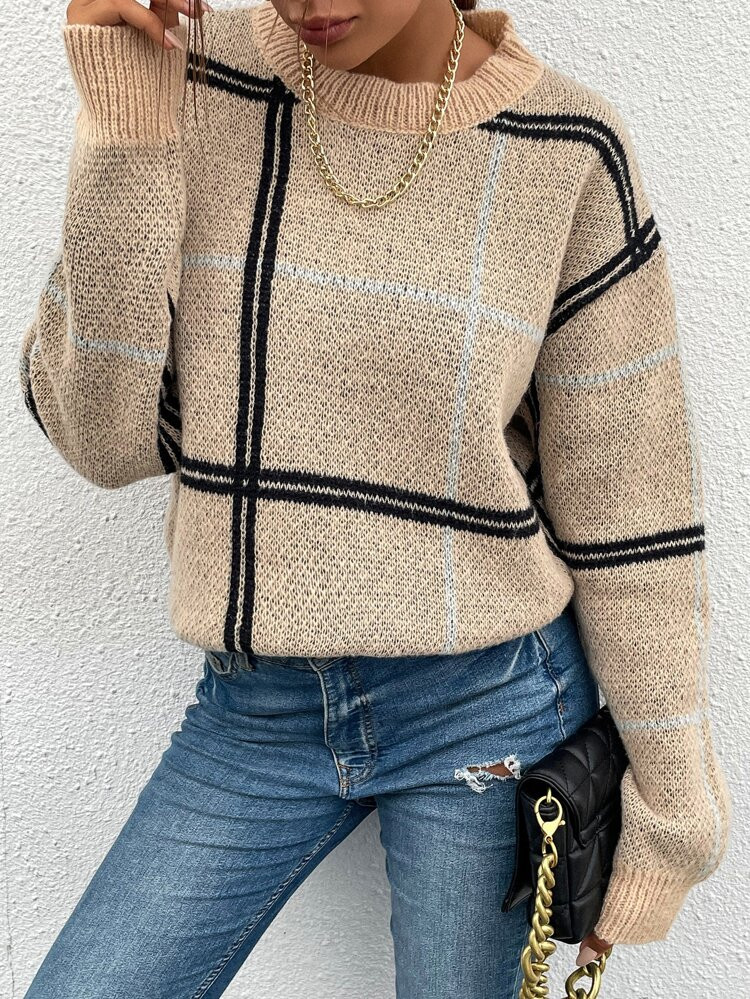 Drop Shoulder Plaid Pattern Sweater | SHEIN