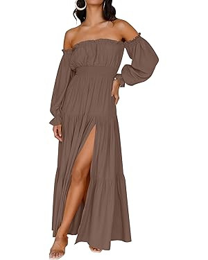 ZESICA Women's 2025 Boho Sexy Off Shoulder Long Sleeve Smocked High Waist Side Split Flowy A Line... | Amazon (US)