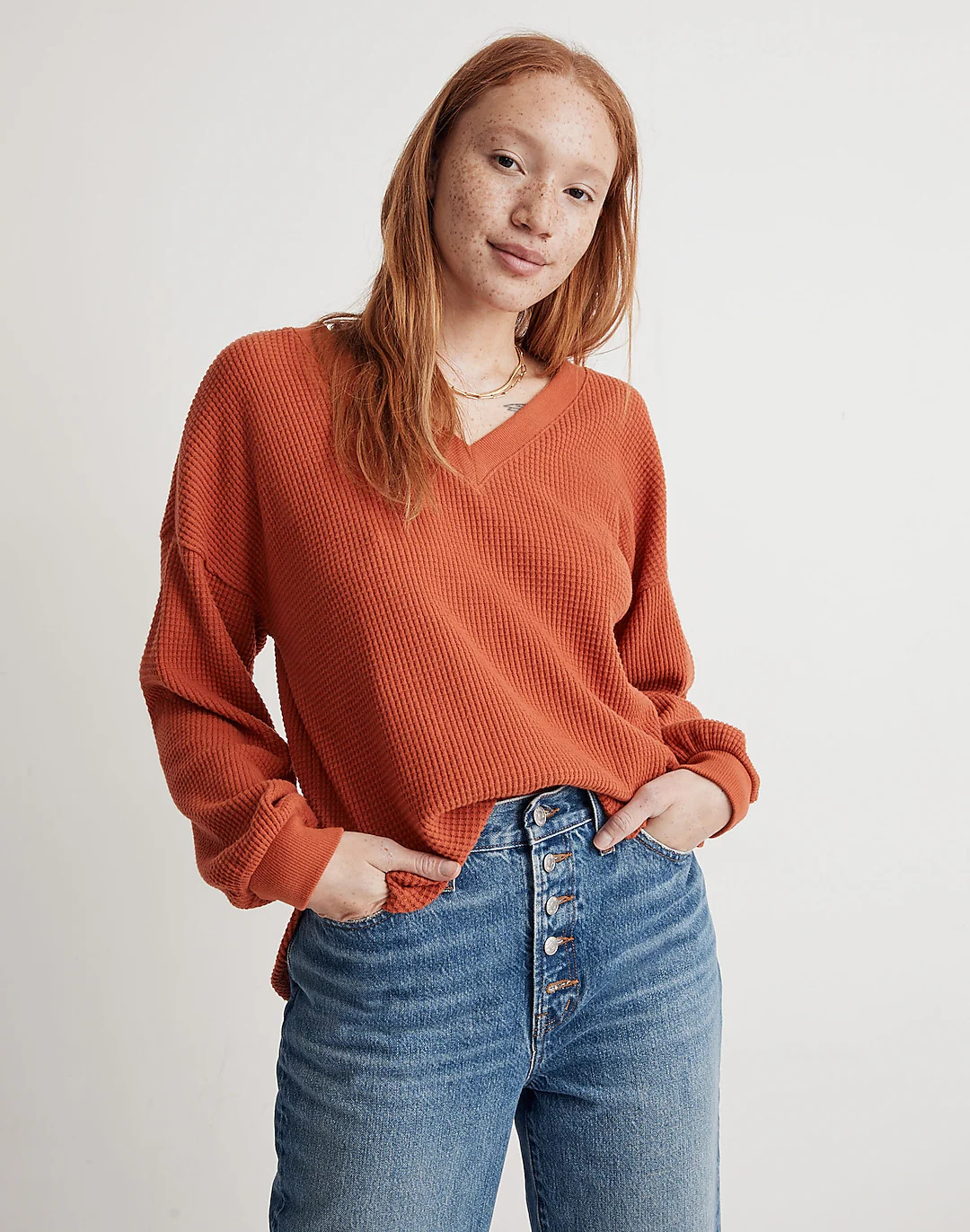 Waffle Knit V-Neck Long-Sleeve Sweater | Madewell