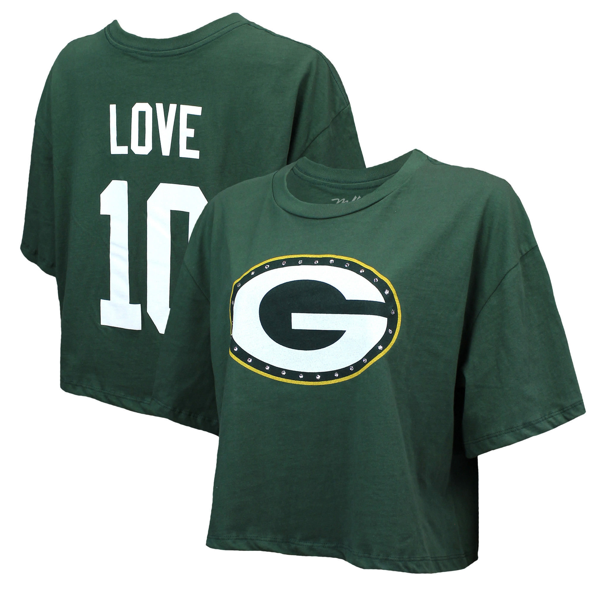 Women's Majestic Threads Jordan Love Green Green Bay Packers Swarovski Crystals Boxy Cropped Name & Number T-Shirt | Fanatics