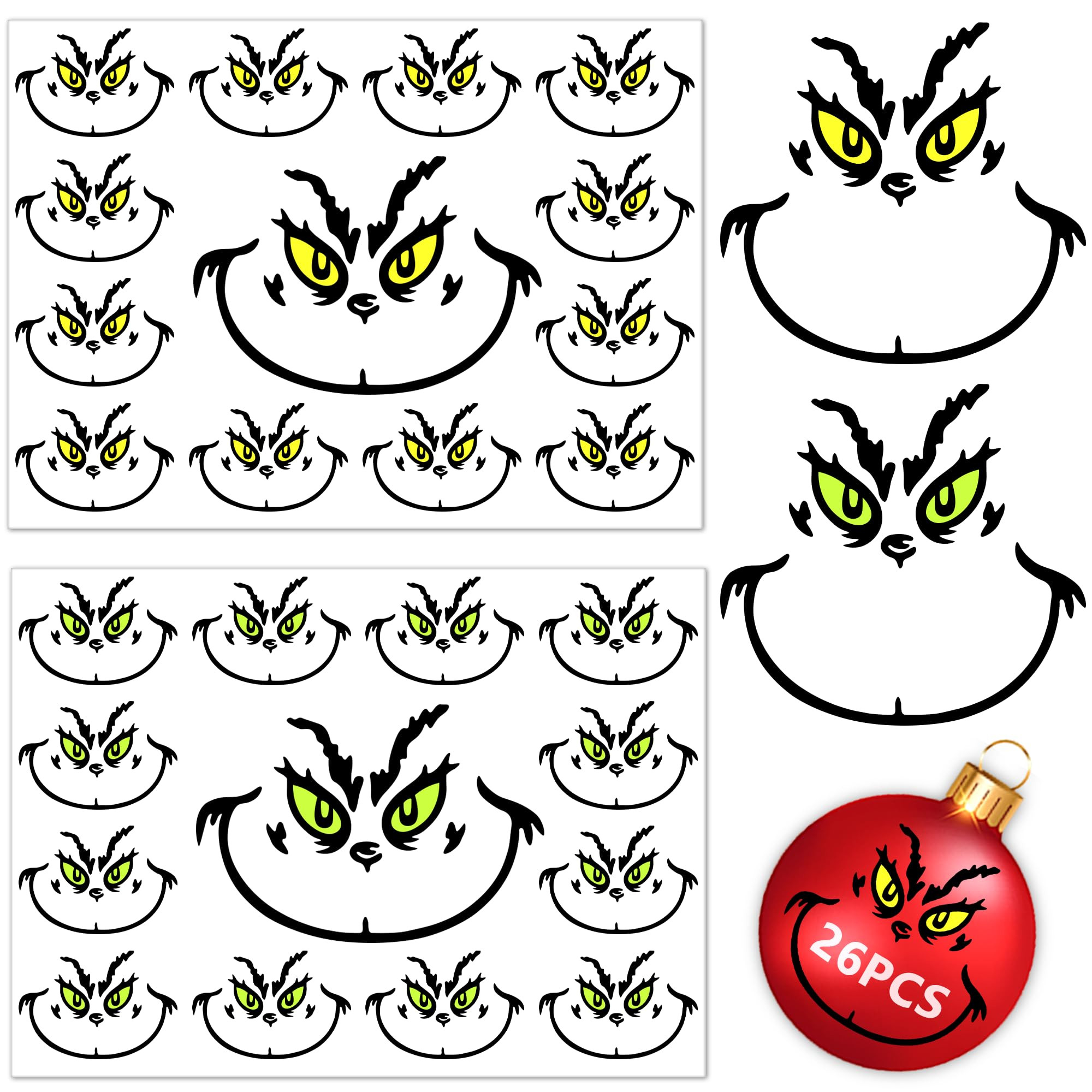 26 PCS Christmas Decorations Stickers, Yellow and Green Eyes Face Decals for Ornaments, Waterproo... | Amazon (US)