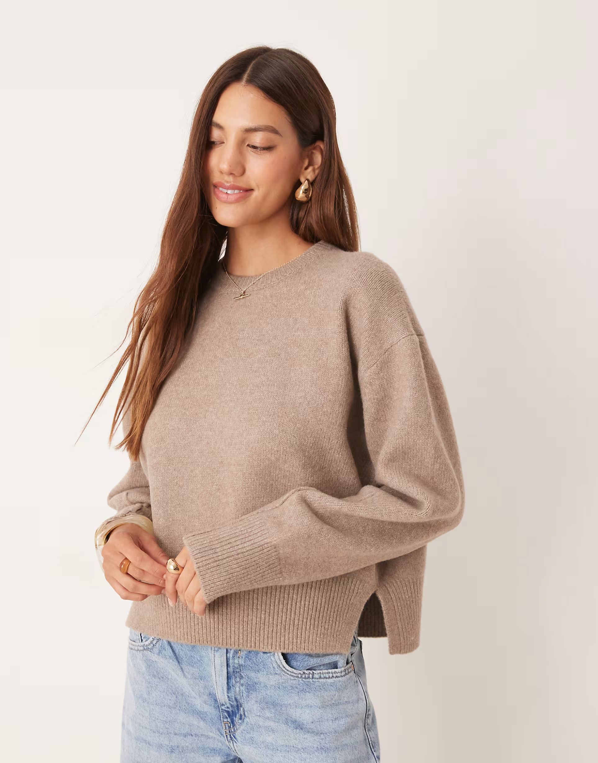 ASOS DESIGN boxy crew neck sweater with side split detail in mocha | ASOS (Global)