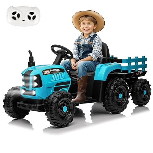 OKYBABY 24V Ride on Tractor with Trailer, Electric Tractor Toy for Kids, 400W Toddler Ride On Toy W/Remote Control, Kid's Electric Car with 3 Speed Adjustable, MP3, Bluetooth, LED Light, Blue | Amazon (US)