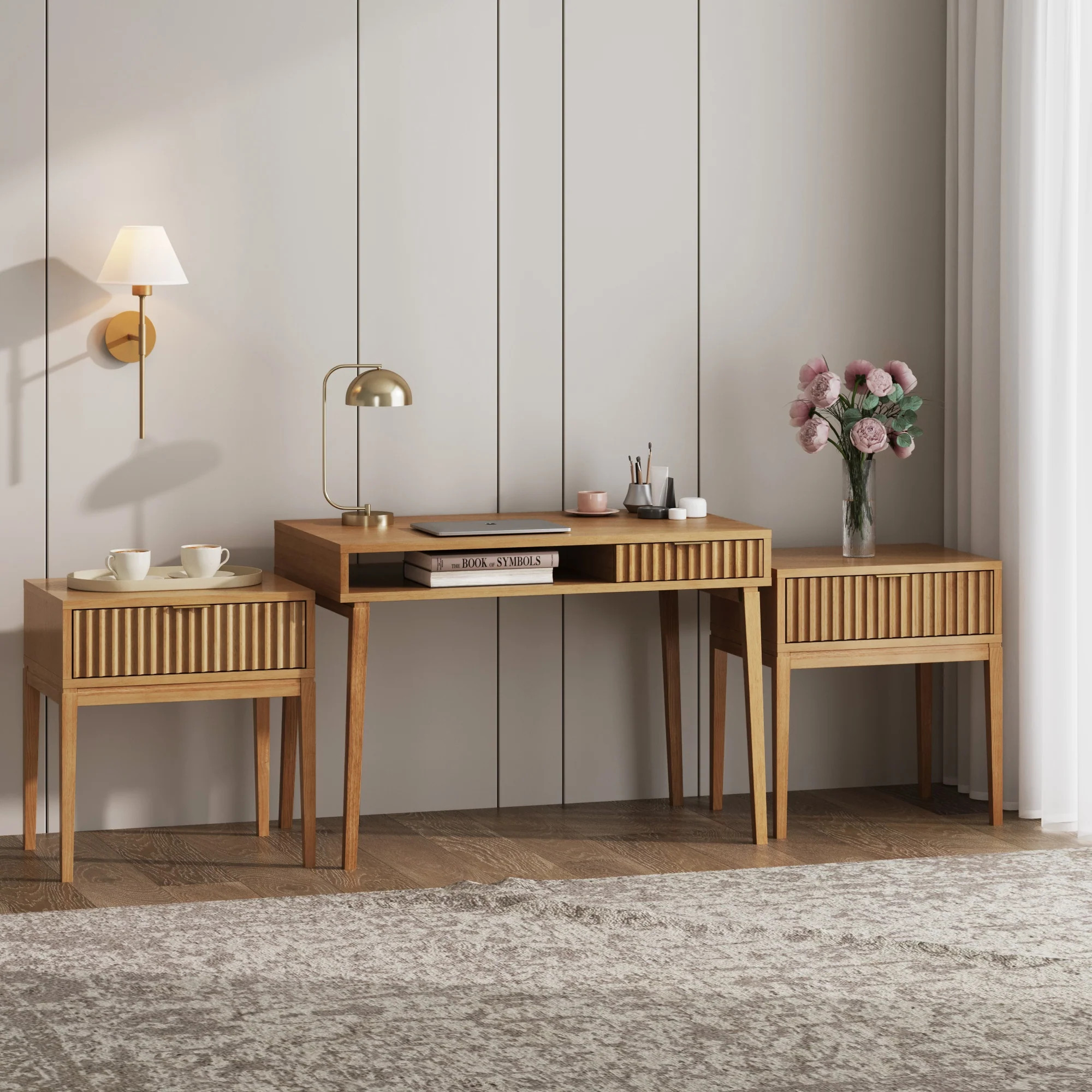 Solid Wood Fluted Desk & 2 Nightstands Bedroom Vanity Set | Nathan James