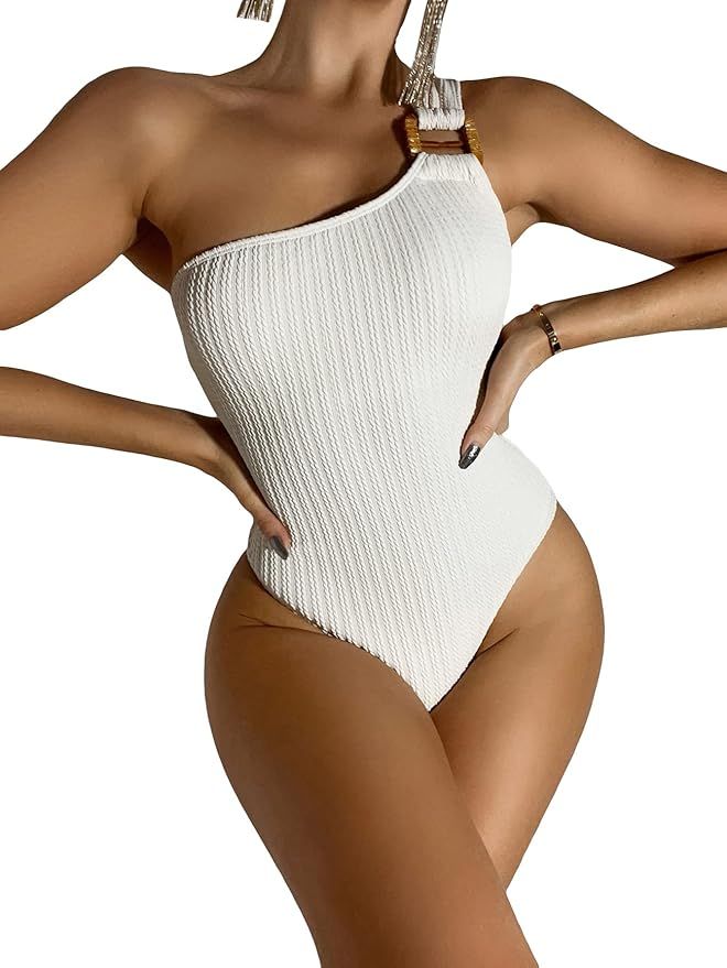 Milumia Women's One Shoulder Ring Linked Onepiece Swimsuit Textured Bathing Suit Swimwear | Amazon (US)
