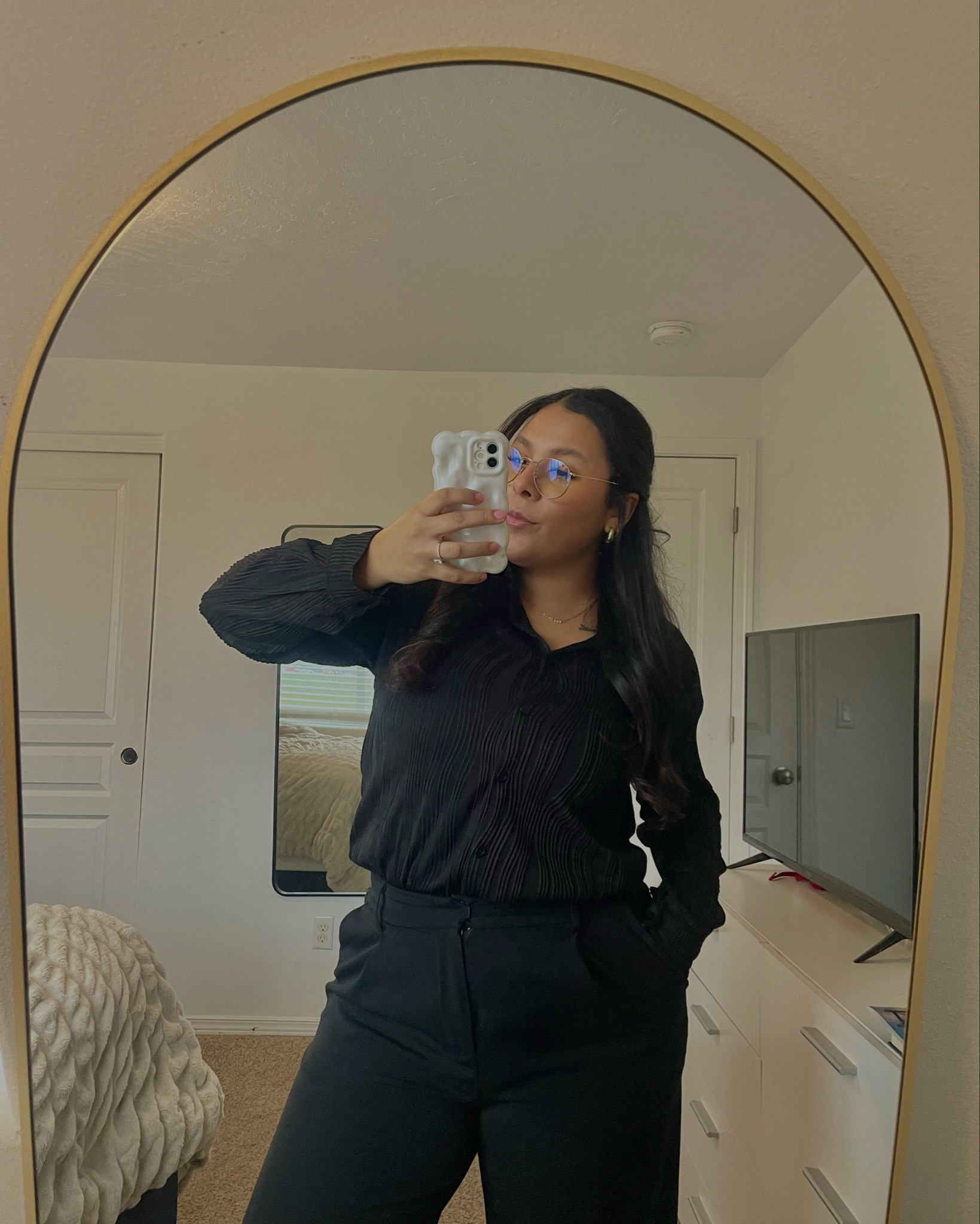 Textured black button up. Wearing a medium. Can dress it up or down and it’s super breathable🤍 

#LTKStyleTip #LTKWorkwear #LTKMostLoved