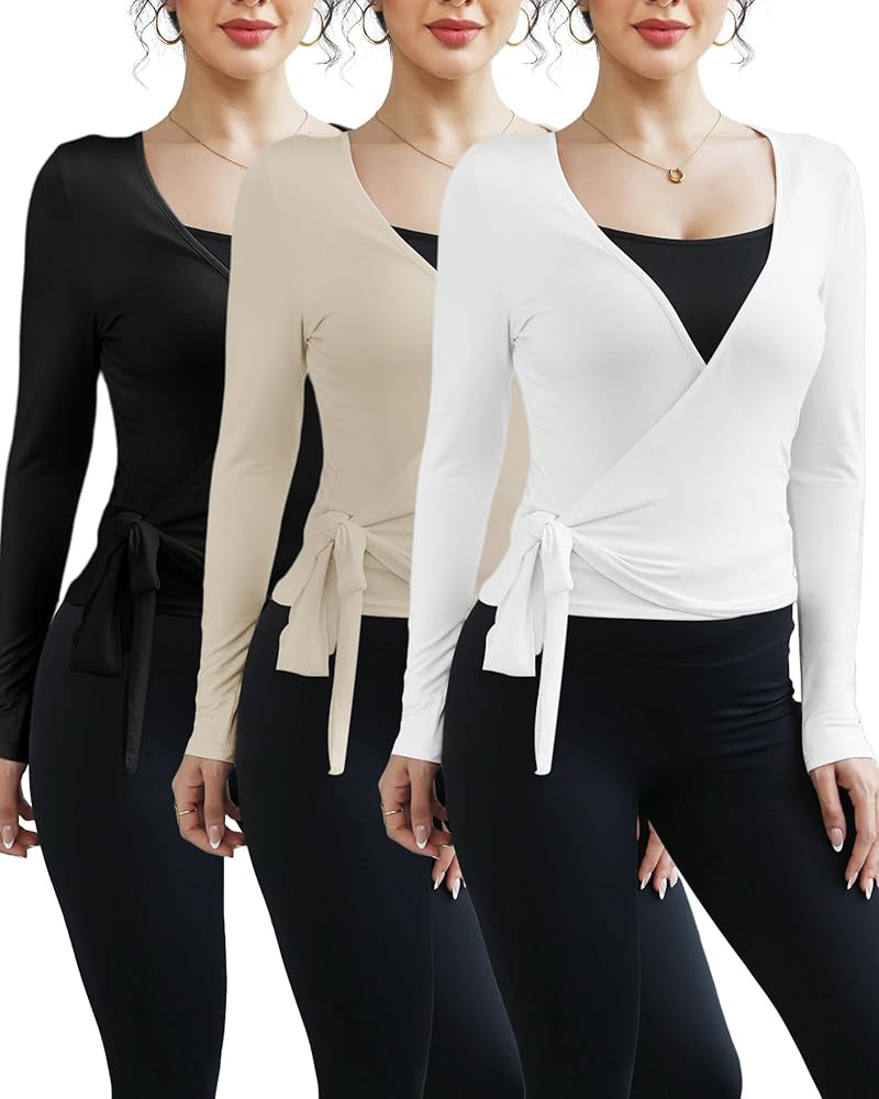 3 Pack Women Ballet Pilates Wrap Tops Y2K Workout Yoga Wrap Shirts Dance Long Sleeve Tie Front Cr... | Amazon (US)