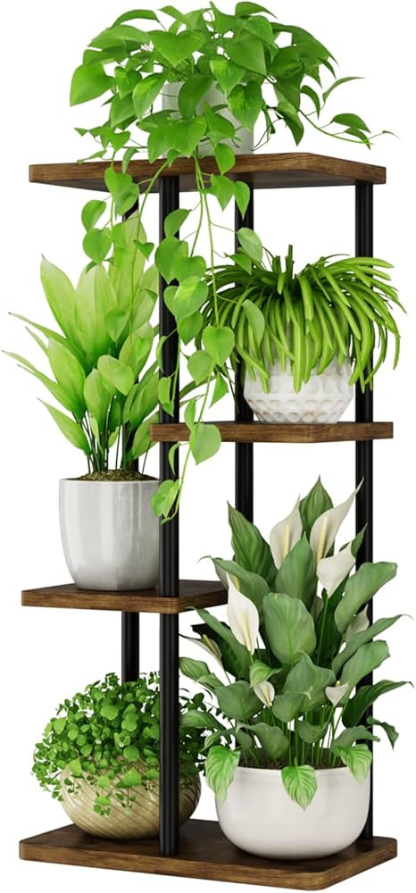 Bamworld Small Plant Stand Indoor Metal Plant Shelf Brown Plant Holder 4 Tier 5 Potted for Multip... | Amazon (US)