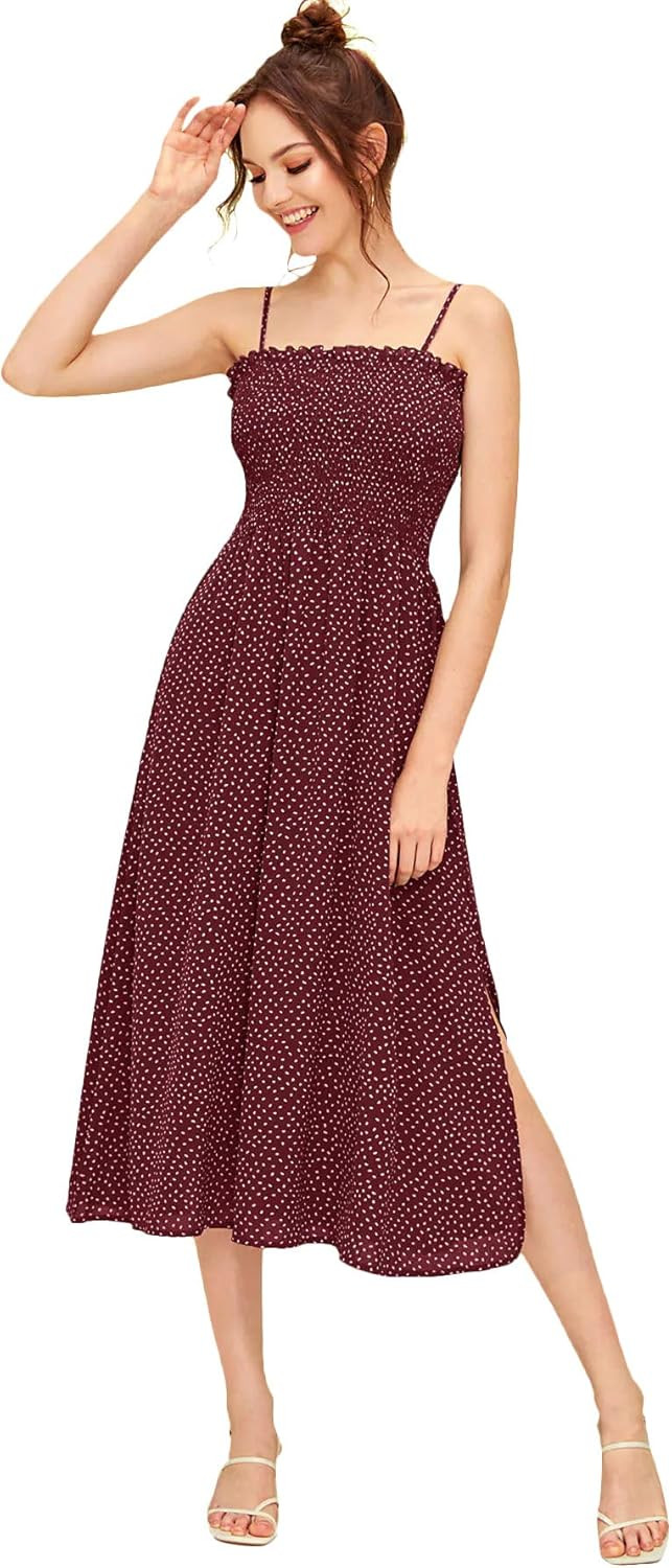 SheIn Women's Sleeveless Straps Shirred Floral Print Ruffle Flare A Line Midi Dress | Amazon (US)