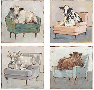 Moo-ving In by Ethan Harper, 4 Piece Unframed Art Print Set, 12 X 12 Inches Each, Whimsical Animal A | Amazon (US)