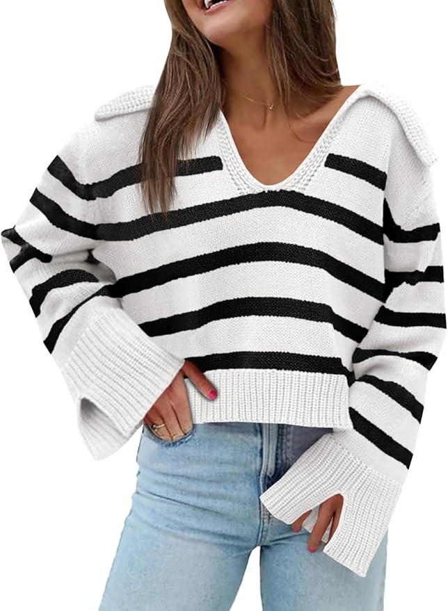 Saodimallsu Womens Striped Sweater V Neck Collared Fall Trendy Knitted Long Sleeve Loose Pullover... | Amazon (US)