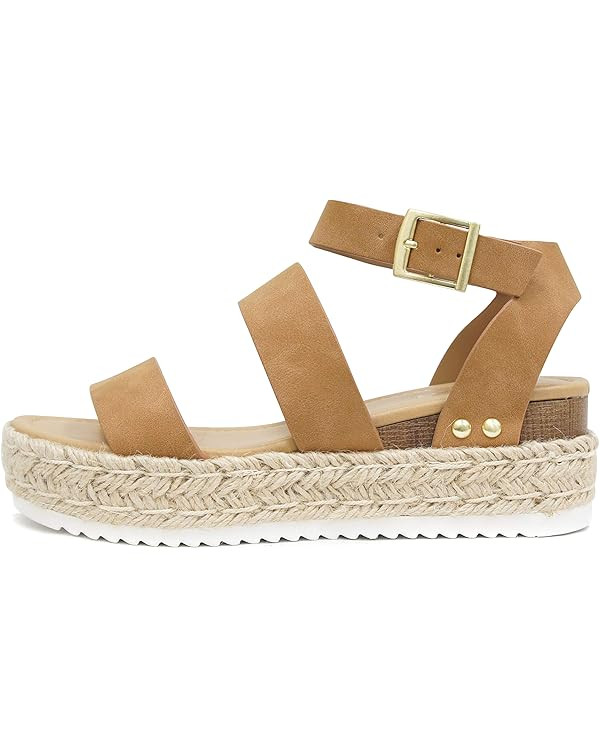 Soda Top Shoe Bryce Open Toe Buckle Ankle Strap Espadrilles Flatform Wedge Casual Sanda | Amazon (US)