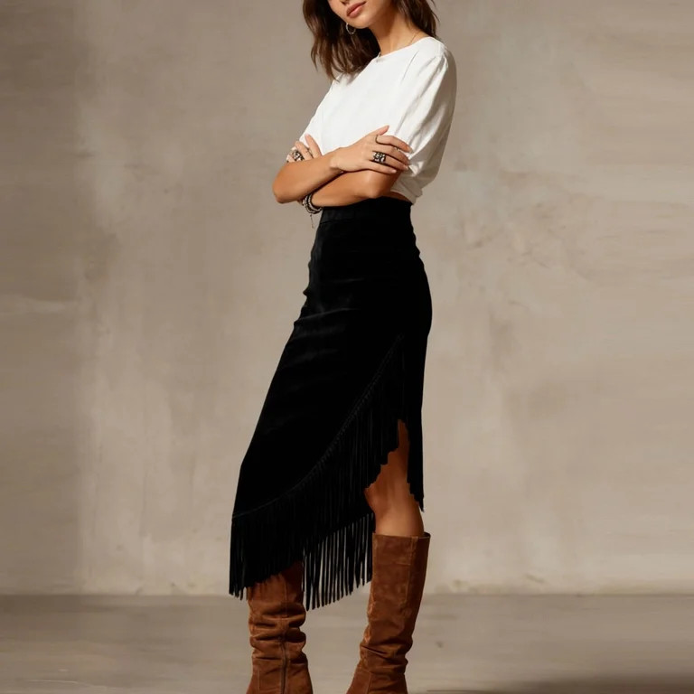 Women's Fringe Suede Maxi Skirt Western Style Asymmetric Ruched Bodycon Side Slid Cowgirl Tassel ... | Walmart (US)