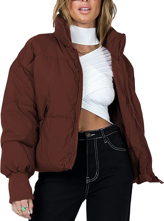 Uaneo Womens Casual Padded Full Zip Stand Collar Long Sleeve Puffer Jackets | Amazon (US)