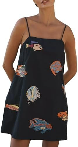 Women Boho Mini Cami Dress Graffiti Spaghetti Strap Aline Fruit Dress Cute Colofrul Short Beach S... | Amazon (US)