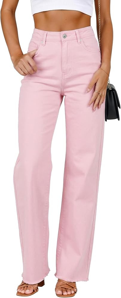 GRAPENT Straight Leg Jeans for Women High Waisted Stretchy Frayed Raw Hem Loose Denim Pants Casua... | Amazon (US)