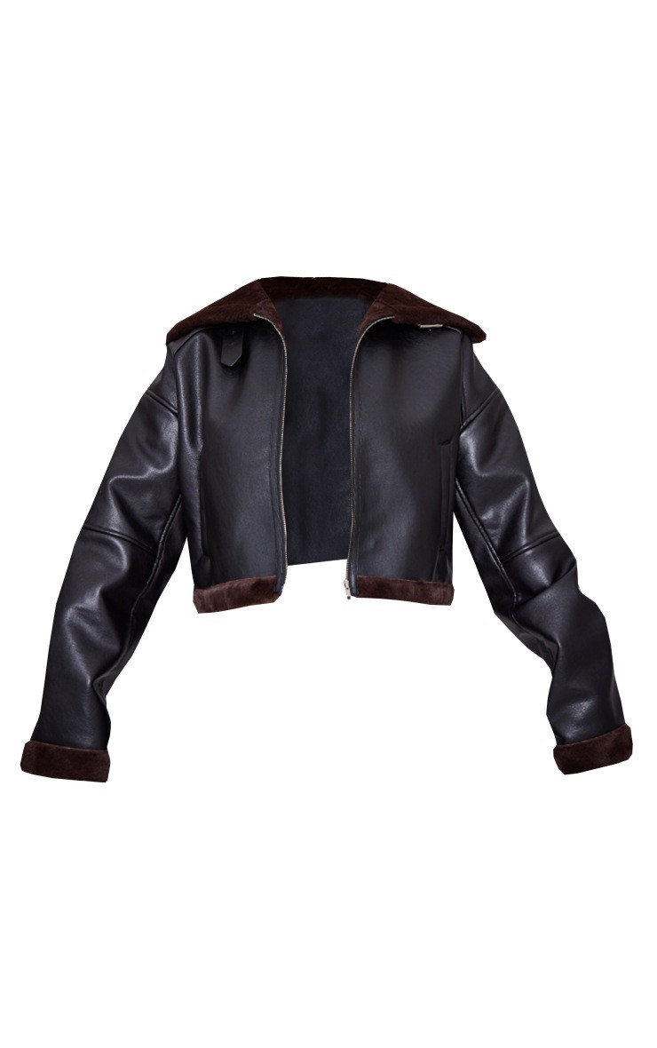 Black Faux Fur Lined Cropped Faux Leather Aviator Jacket | PrettyLittleThing US