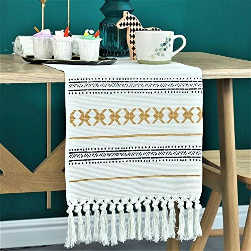 Newisher Gold Geometric Pattern Tufted Tassel Table Runner for Living Kitchen Room Party Home Tab... | Amazon (US)