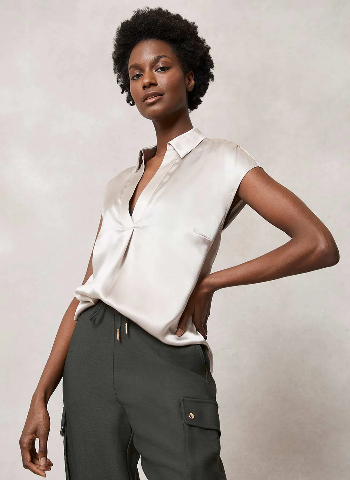 Beige Silk V-Neck Top | Mint Velvet (US)