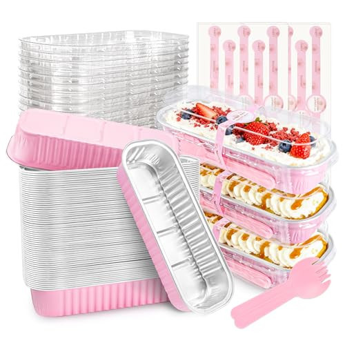 NPLUX Valentines Gifts 50 PACK Mini Cake Pans with Lids and Spoons,Rectangular Aluminum Foil Bread Pan,Mini Loaf Pans and Food Containers with Lids(Pink,6.8oz) | Amazon (US)
