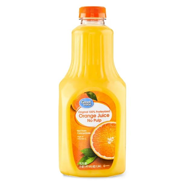 Great Value 100% Pasteurized Orange Juice with No Pulp, 52 fl oz - Walmart.com | Walmart (US)