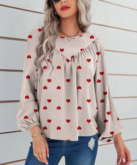 Red & Beige Heart Gathered-Neck Puff-Sleeve Top - Women & Plus | Zulily