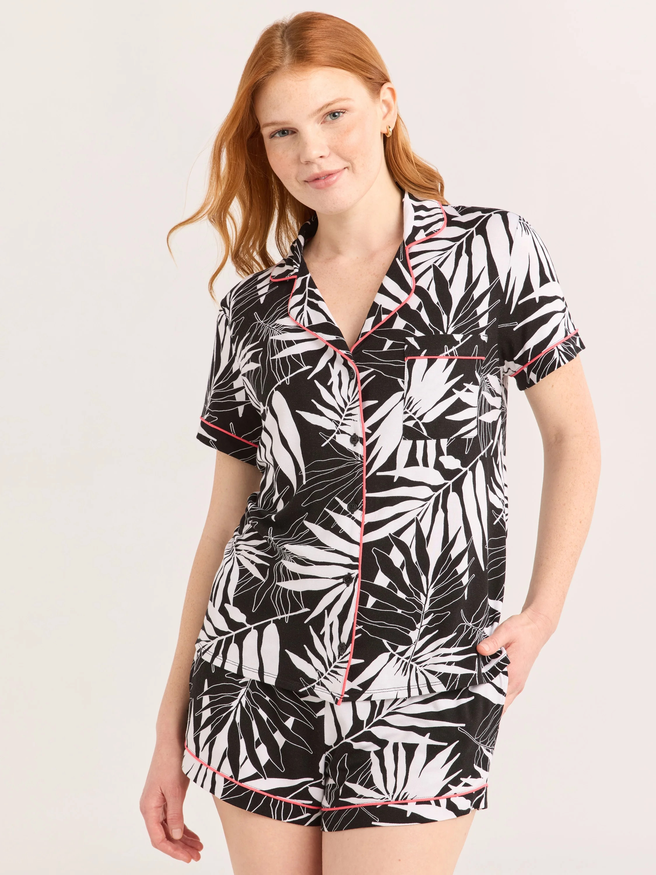 Joyspun Women’s Notch Collar Top and Shorts Pajama Set with Piping, 2-Piece, Sizes XS-3X | Walmart (US)