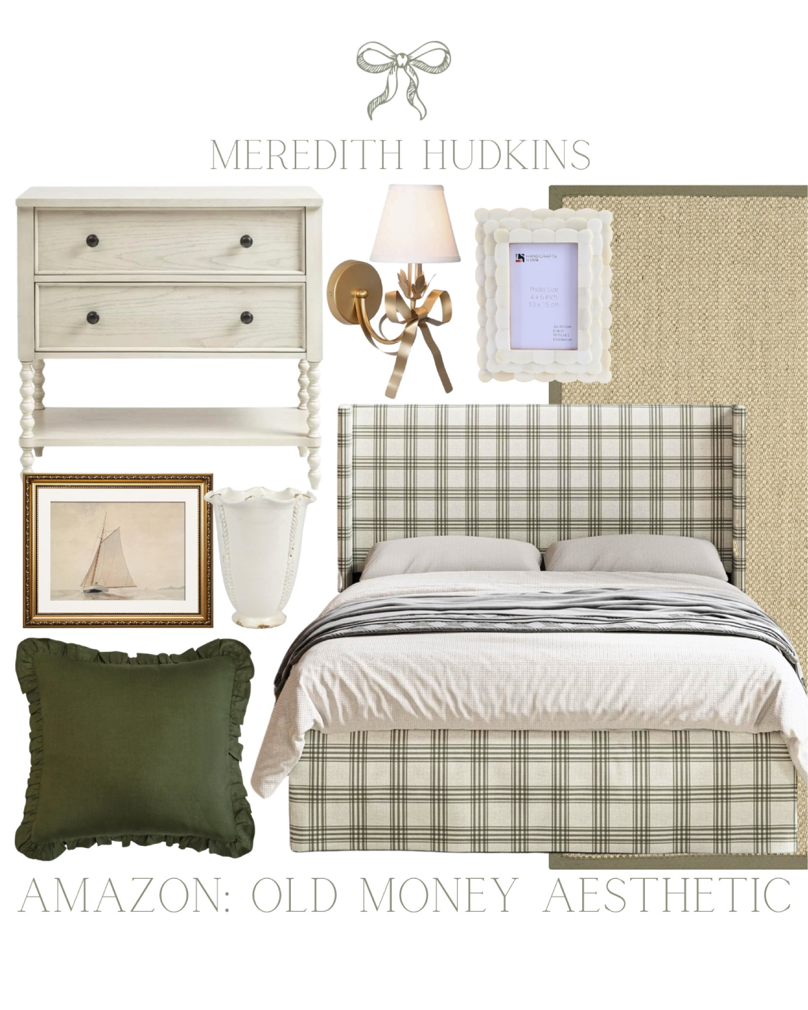 Meredith Hudkins coastal home decor, old money, aesthetic, old money style preppy home decor, decorative accent, living room, primary bedroom, entryway, dining room, traditional home decor, timeless, home decor, classic style , chinoiserie, Amazon home, upholstered bed, green ruffle pillow, jute rug, nightstand, side table, bow wall sconce, lighting, framed sail boat, scalloped picture frame


#LTKSaleAlert #LTKFindsUnder100 #LTKHome