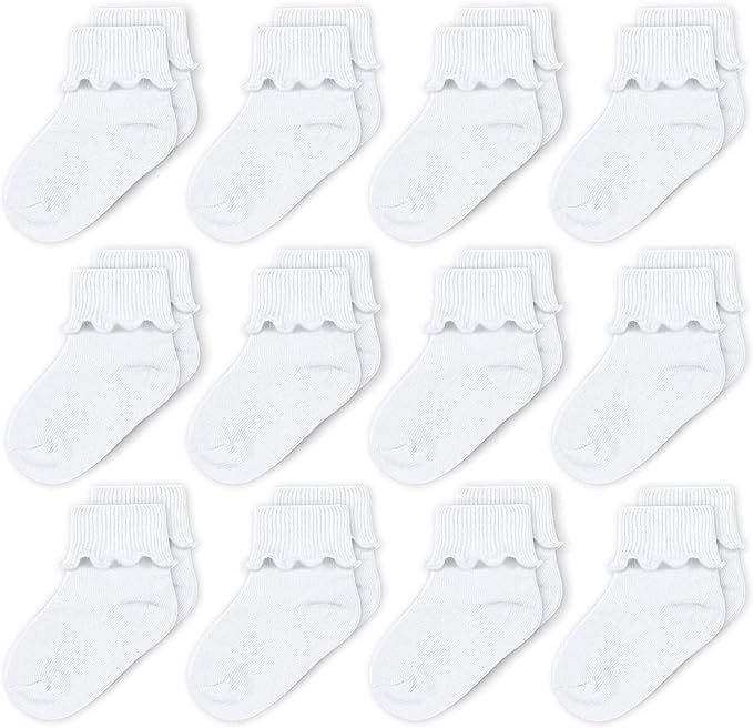 CozyWay Baby Girls Socks Ruffle Ripple Edge Turn Cuff Socks for Baby Toddler Girls | 12-Pairs | Amazon (US)